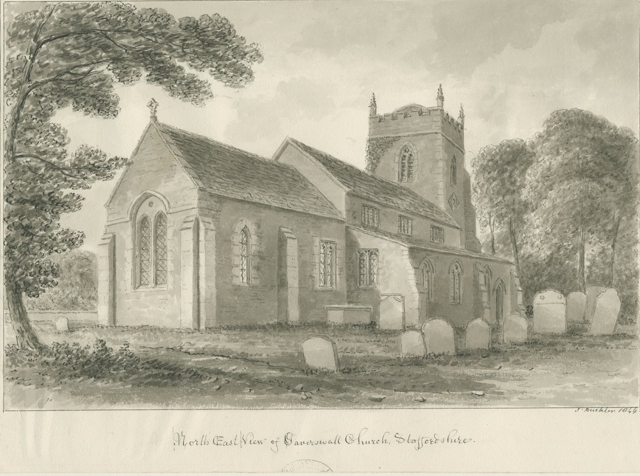 Caverswall kirke: sepia tegning av John Buckler