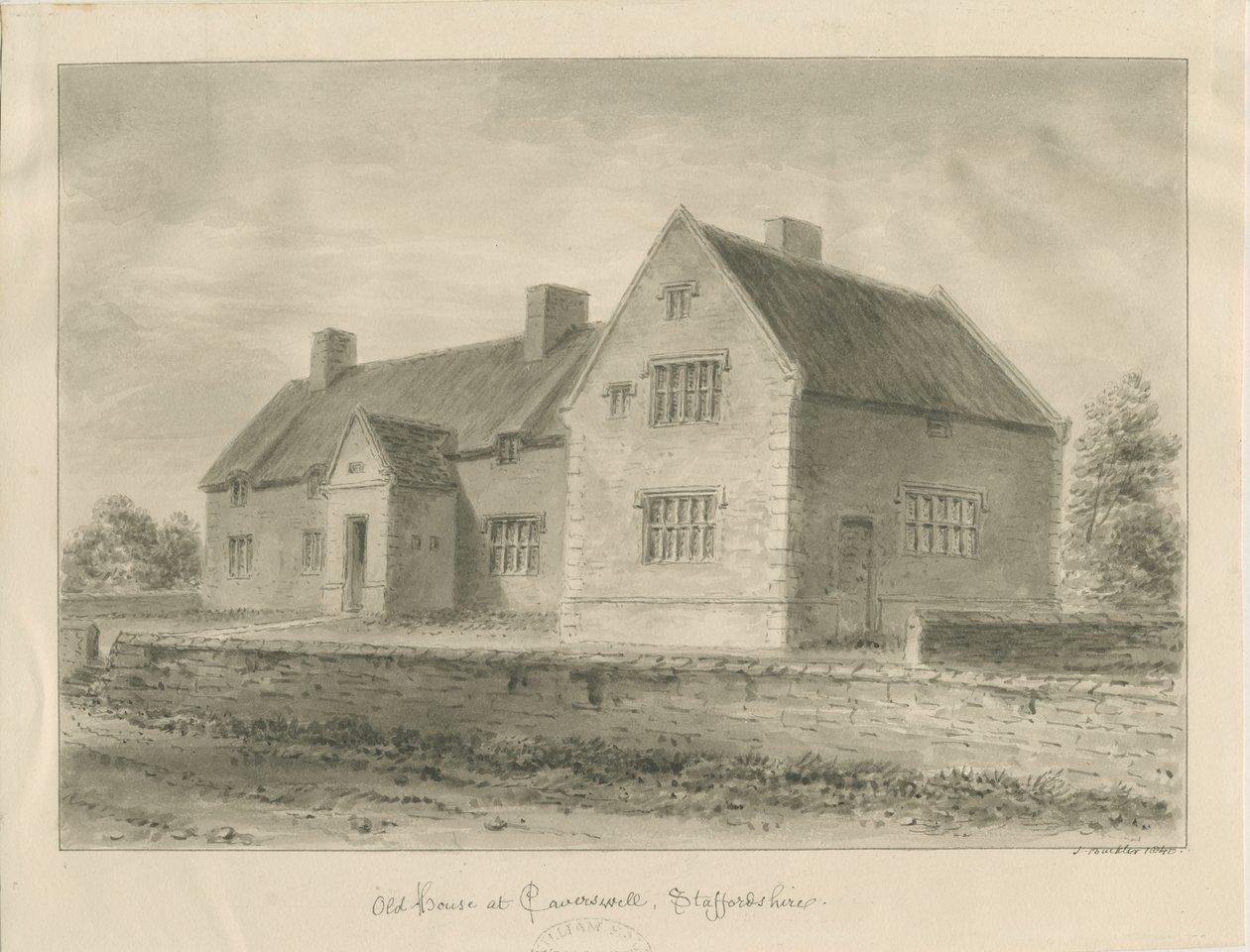 Caverswall Village - Gamle hus: sepia-tegning av John Buckler