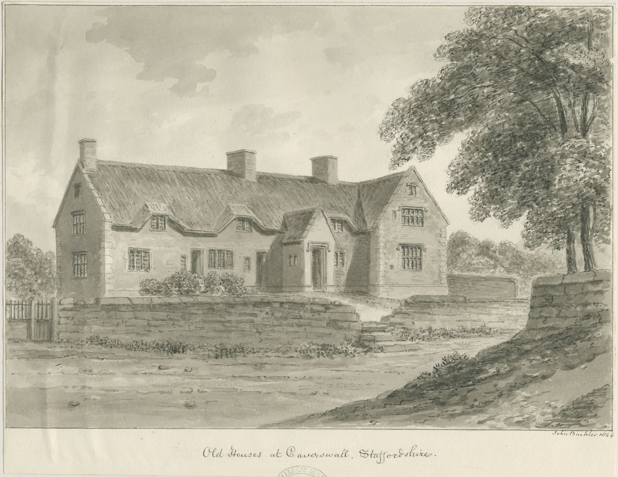 Caverswall Village - Old Houses: sepia-tegning, 1840 av John Buckler