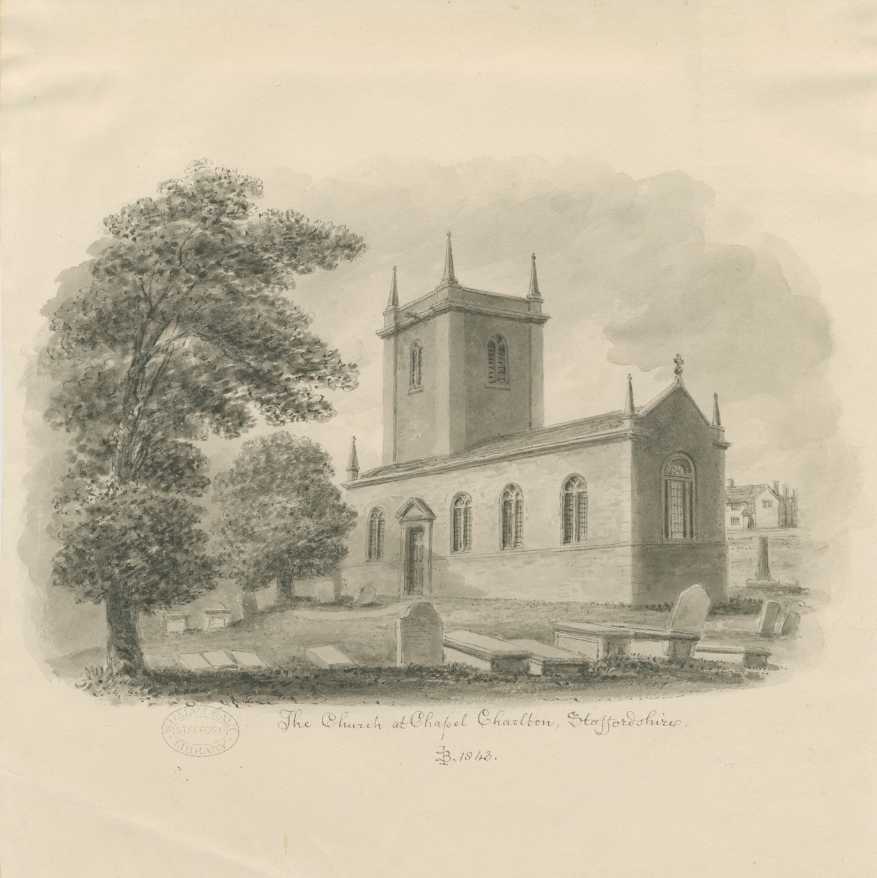 Chapel Chorlton Church: sepia-tegning av John Buckler