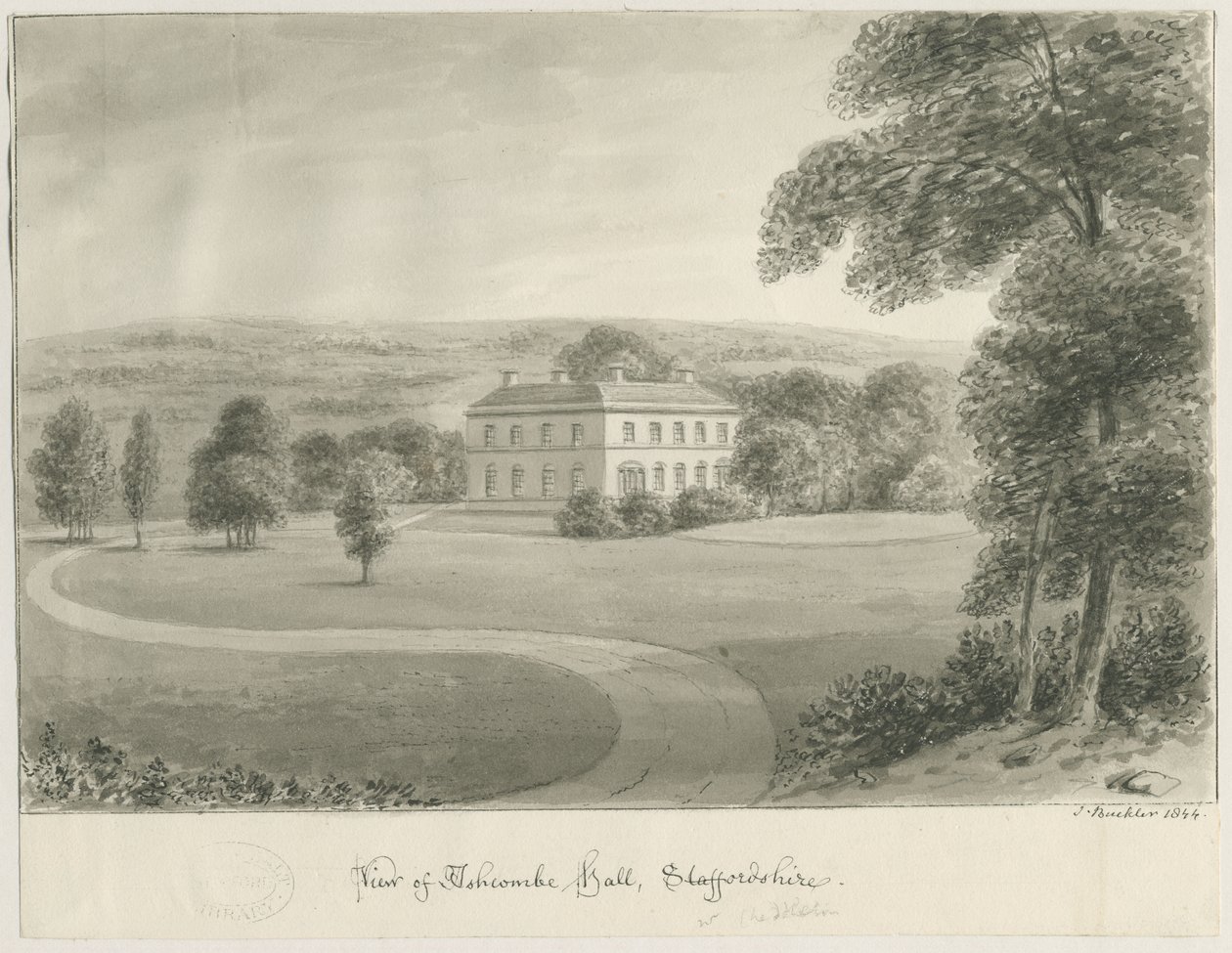 Cheddleton - Ashcombe Hall: sepia-tegning, 1844 av John Buckler