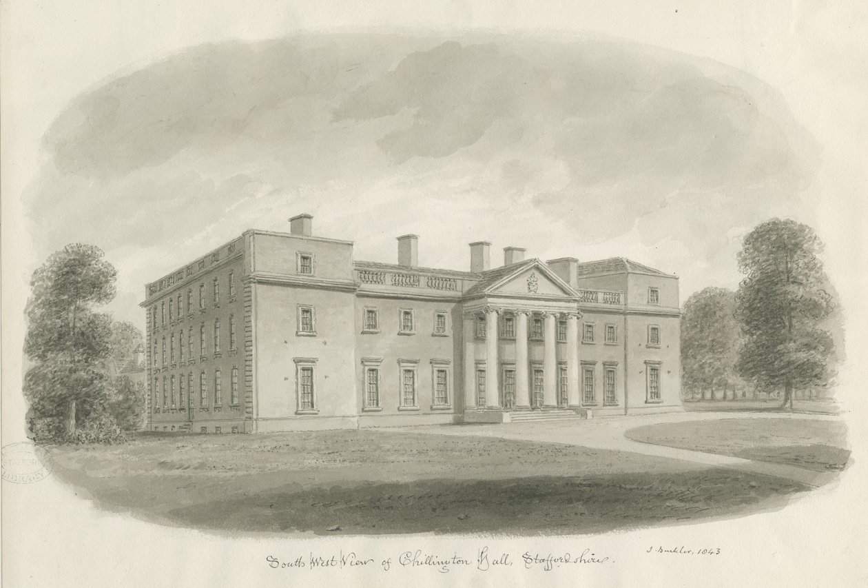 Chillington Hall: sepia-tegning av John Buckler