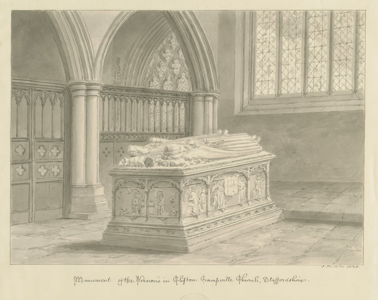 Clifton Campville Church - Vernon Monument: sepia-tegning av John Buckler