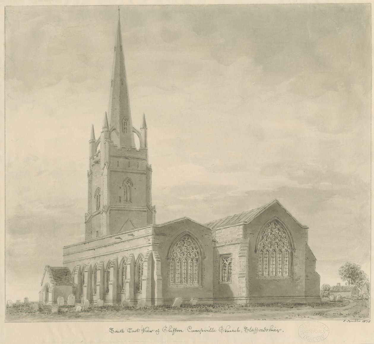 Clifton Campville Church: sepia-tegning av John Buckler