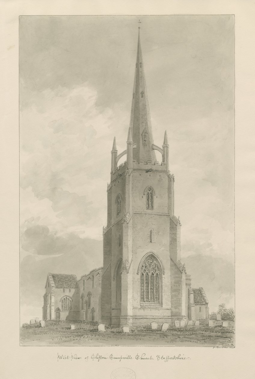 Clifton Campville Church: sepia-tegning, 1838 av John Buckler