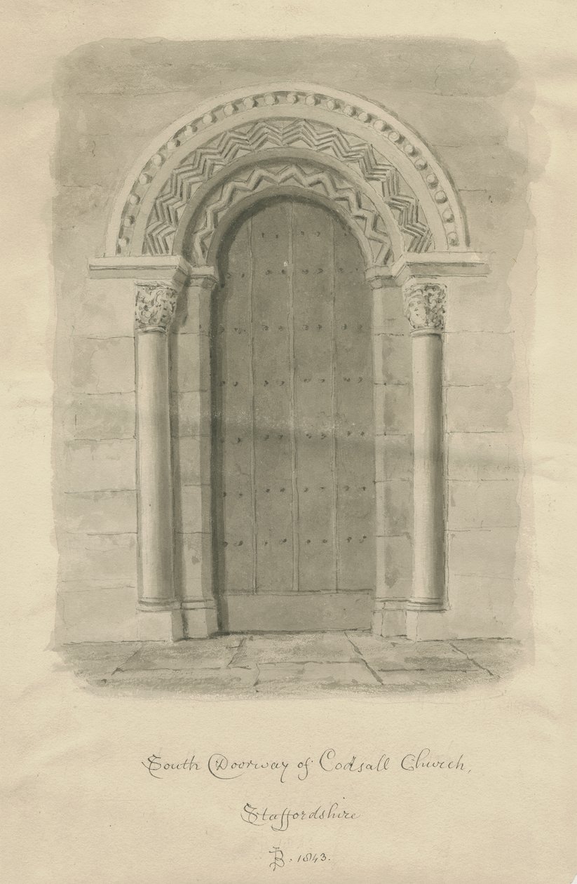 Codsall Church - South Doorway: sepia-tegning av John Buckler