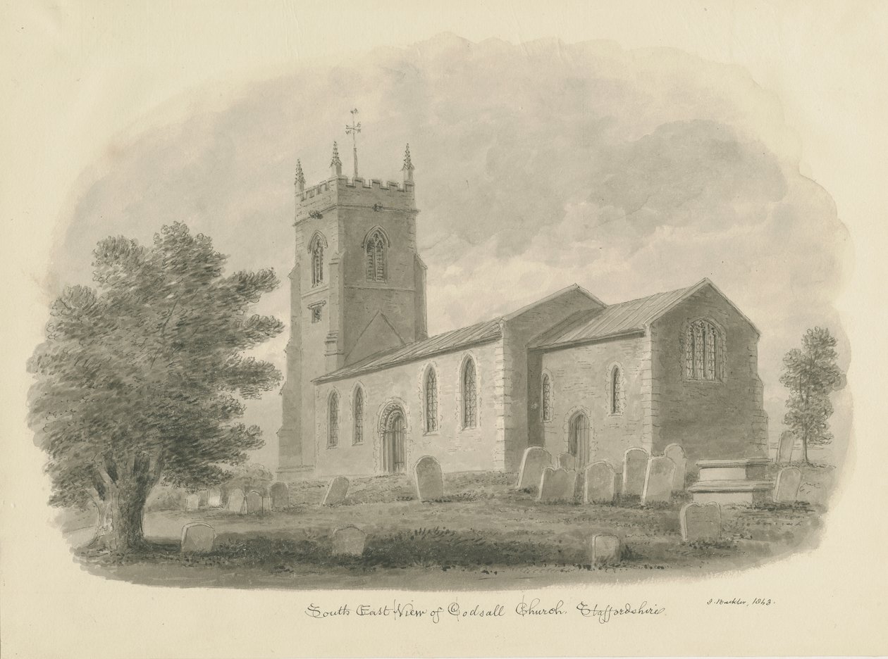 Codsall kirke: sepia tegning av John Buckler