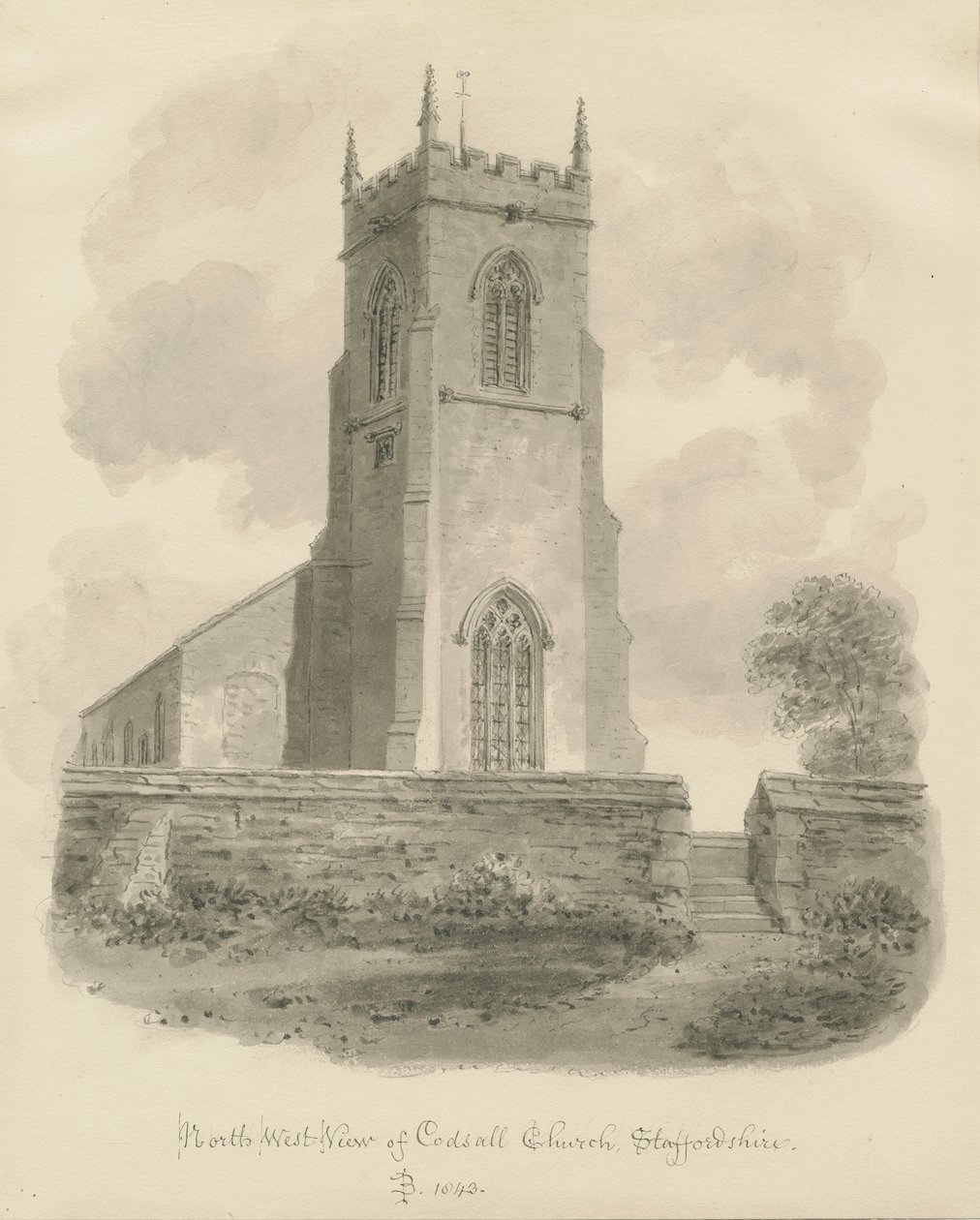 Codsall kirke: sepia tegning av John Buckler