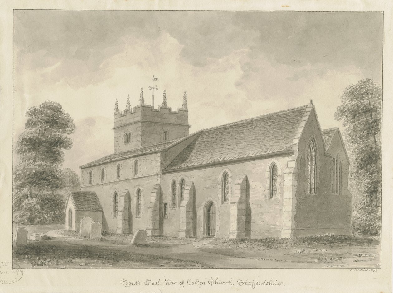 Colton Church: sepia-tegning, 1842 av John Buckler