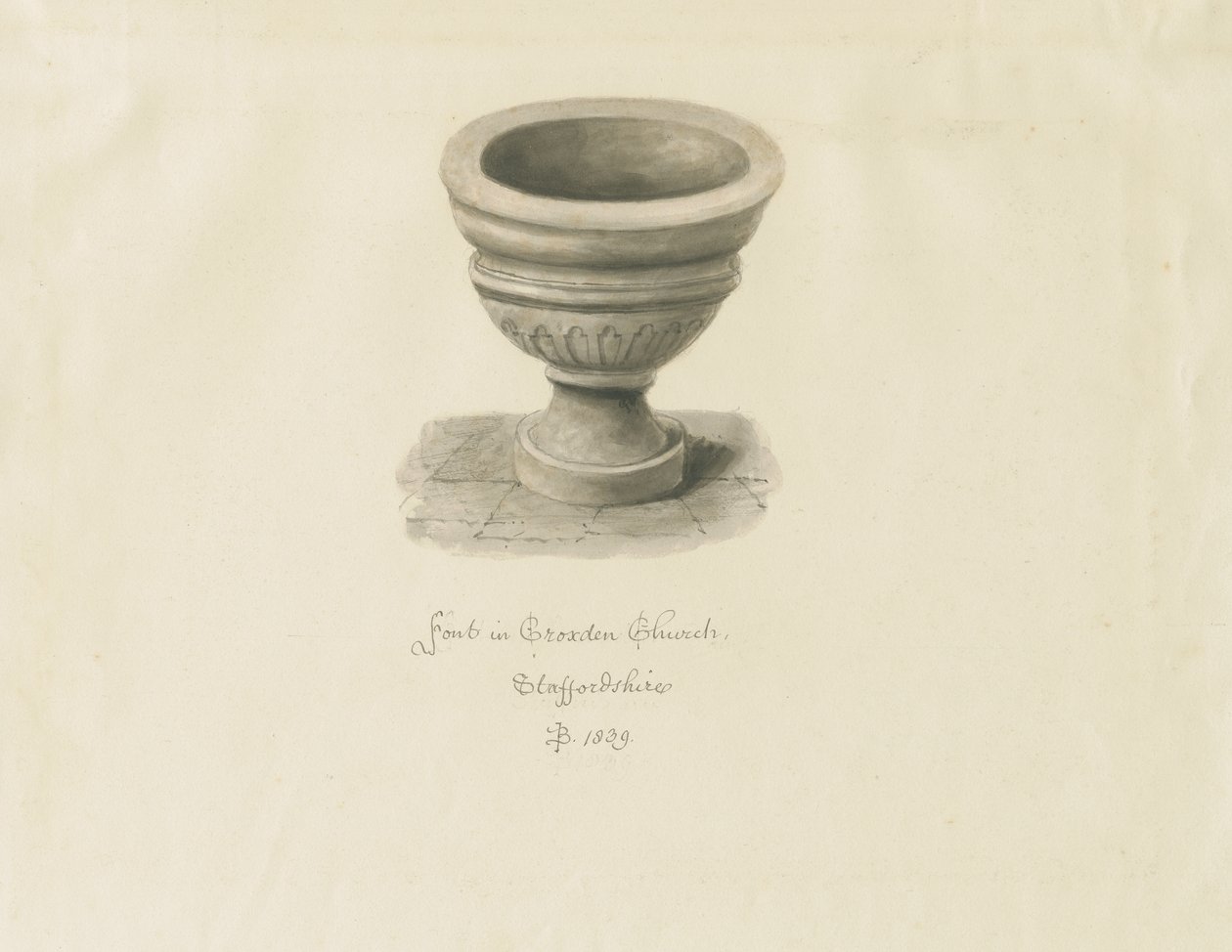 Croxden - Font i gjestekapellet: sepia-tegning av John Buckler