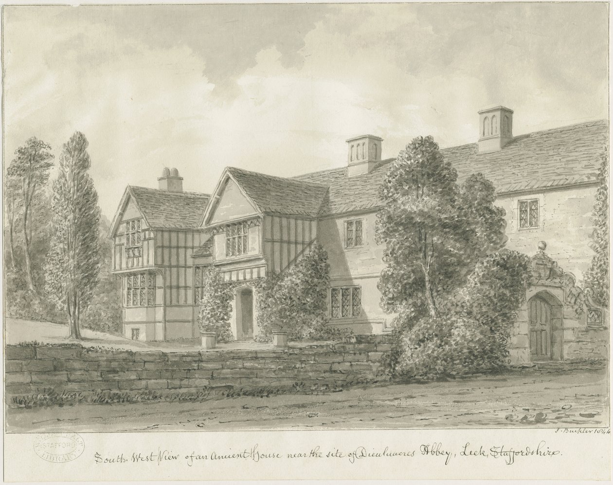 Dieulacres Abbey - Ancient House: sepia-tegning av John Buckler