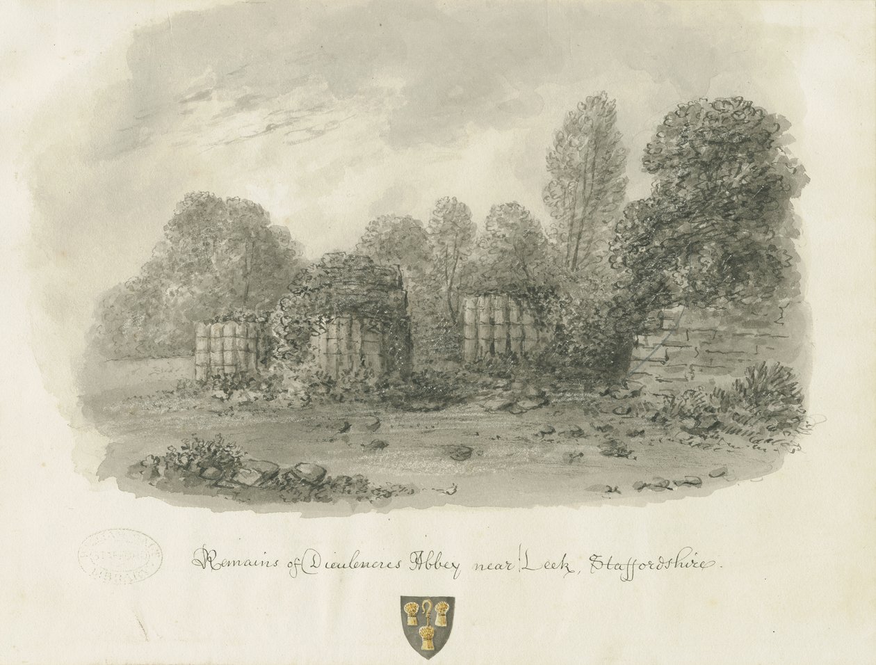 Dieulacres Abbey: sepia vasketegning, 1847 av John Buckler