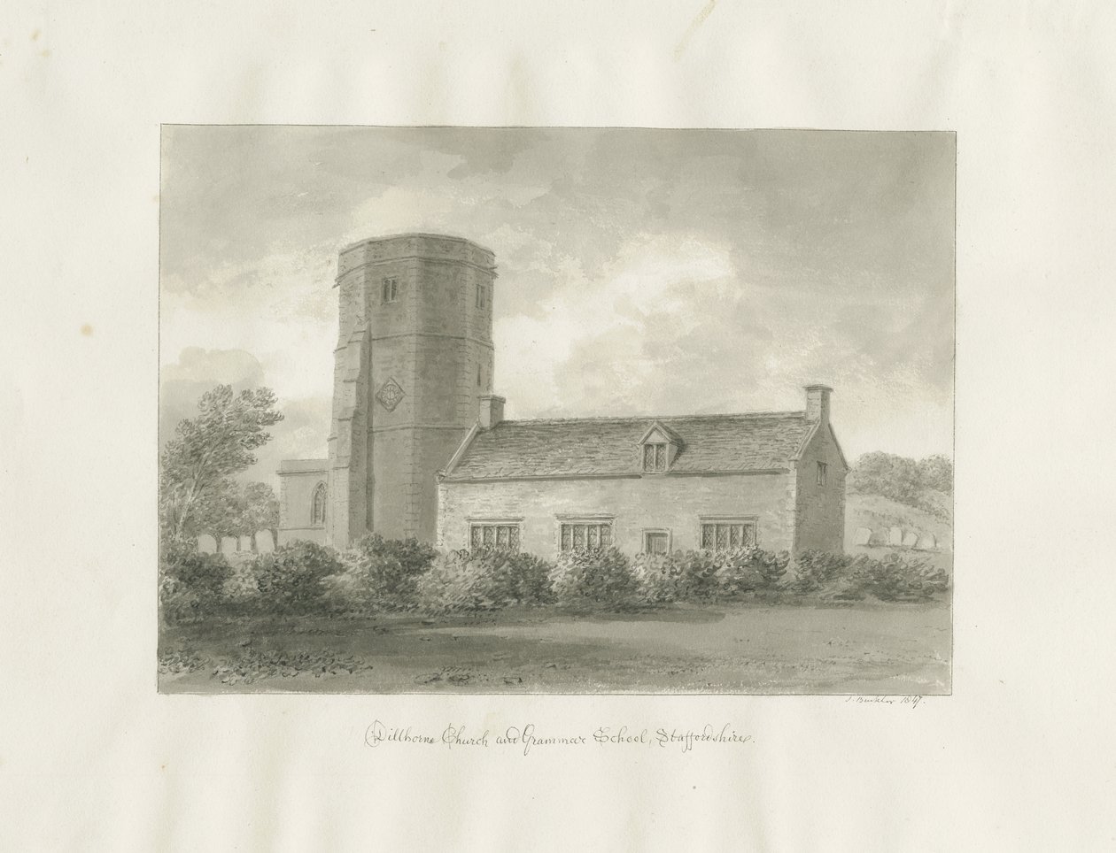Dilhorne - Church and Grammar School: sepia-tegning av John Buckler