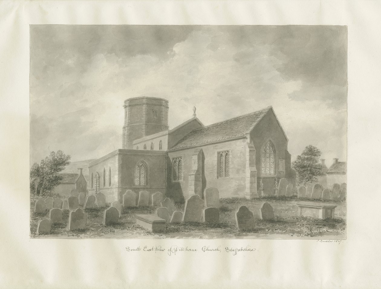 Dilhorne kirke: sepia tegning av John Buckler