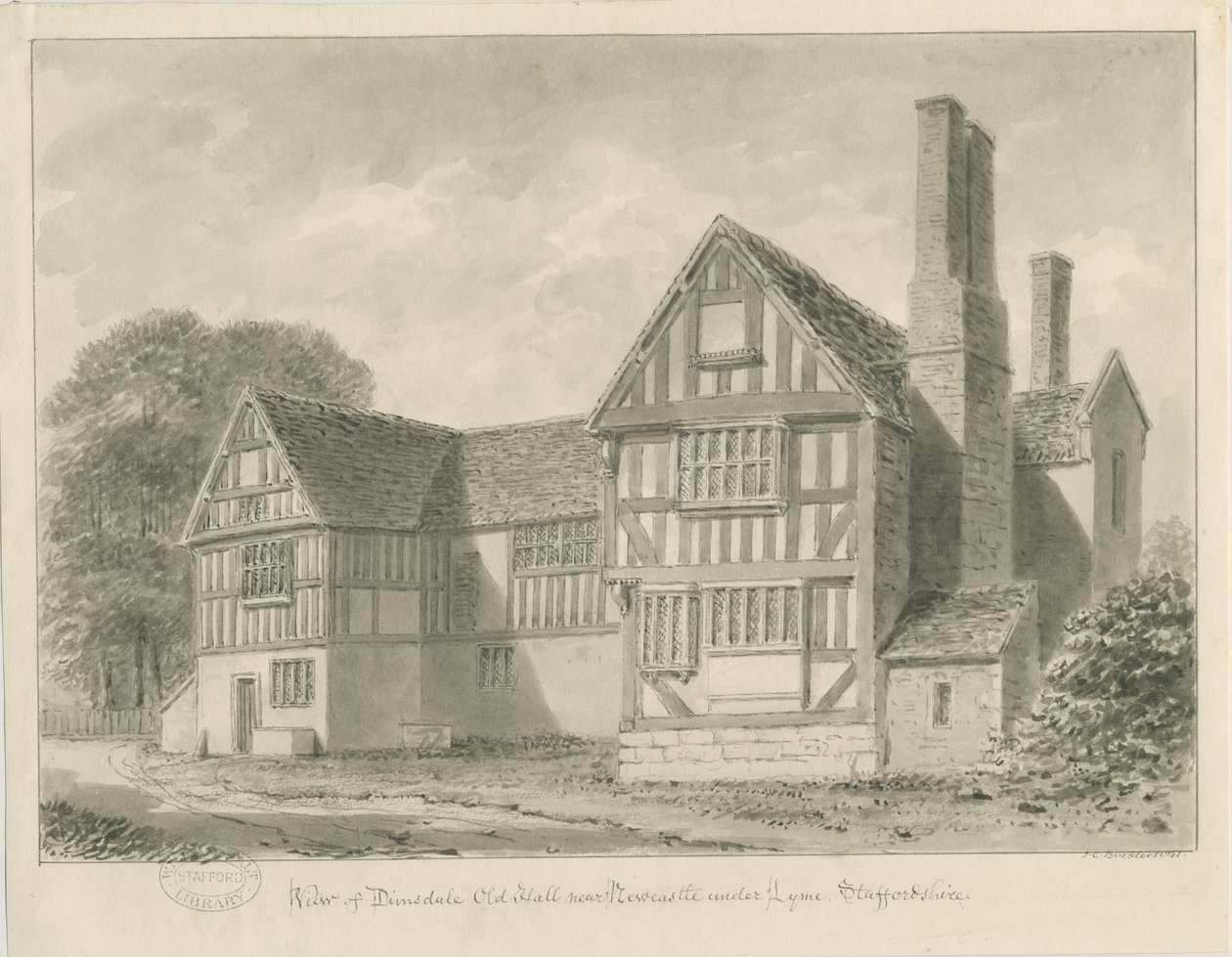 Dimsdale Old Hall: sepia-tegning, 1841 av John Buckler