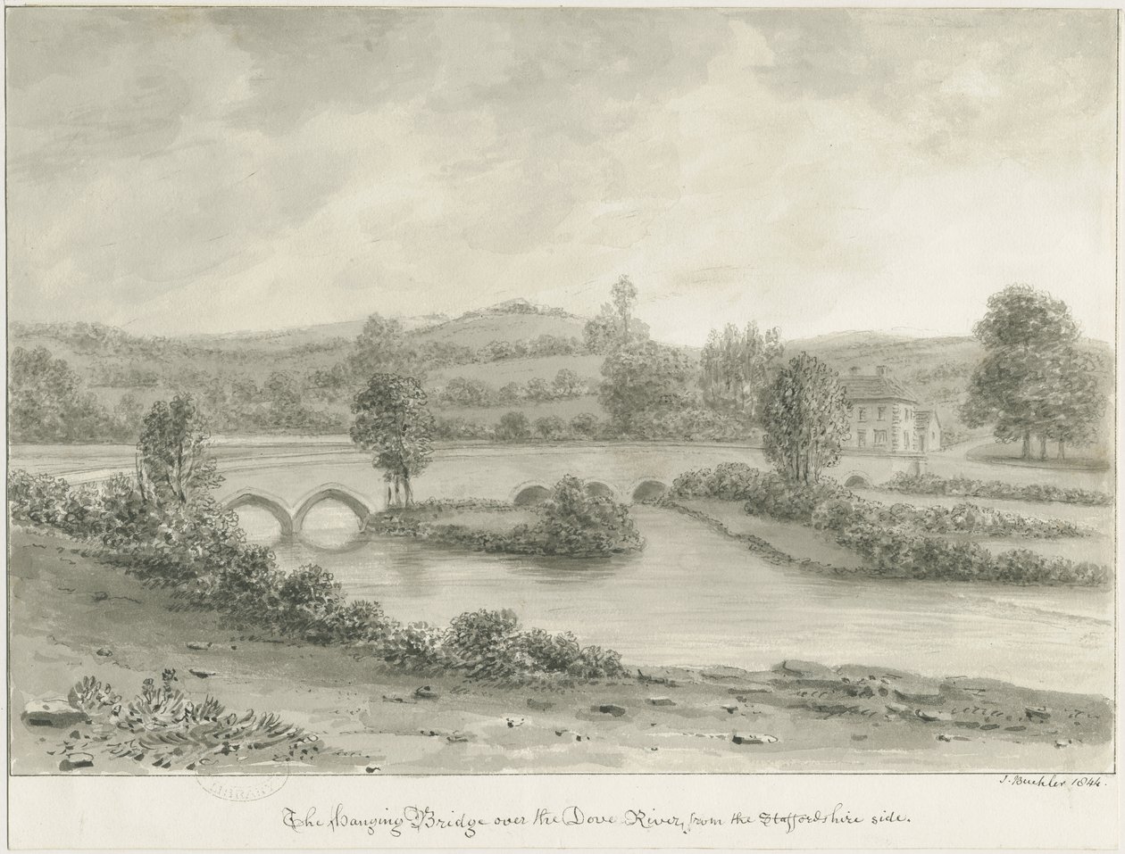 Dovedale - 'Den hengende broen': sepia-tegning av John Buckler