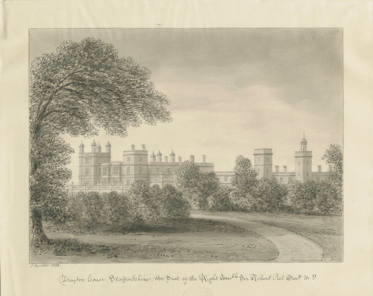 Drayton Bassett - "Drayton Manor": sepia-tegning, 1838 av John Buckler