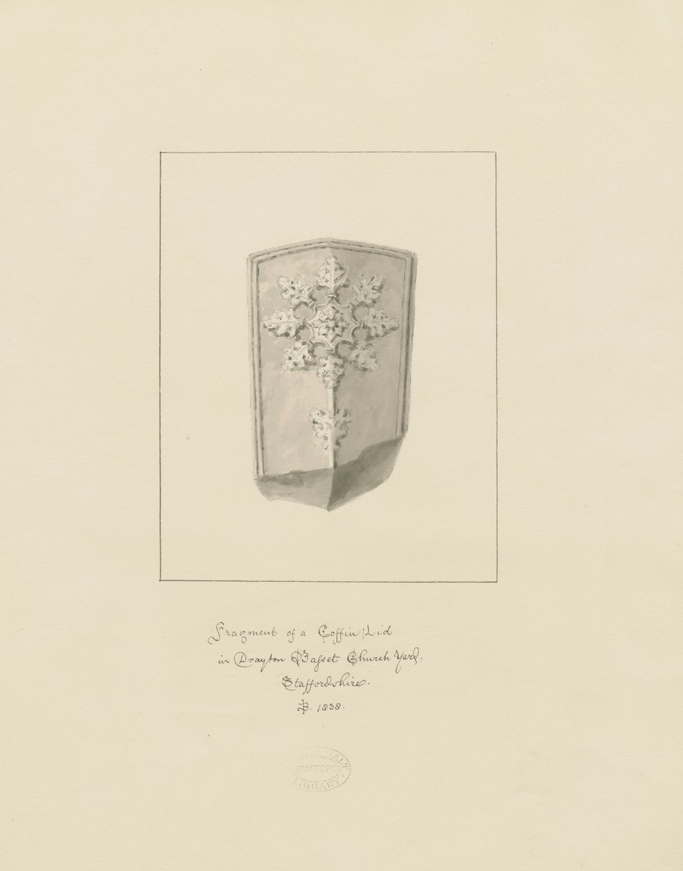 Drayton Bassett Church - Kistelokk: sepia-tegning, 1838 av John Buckler
