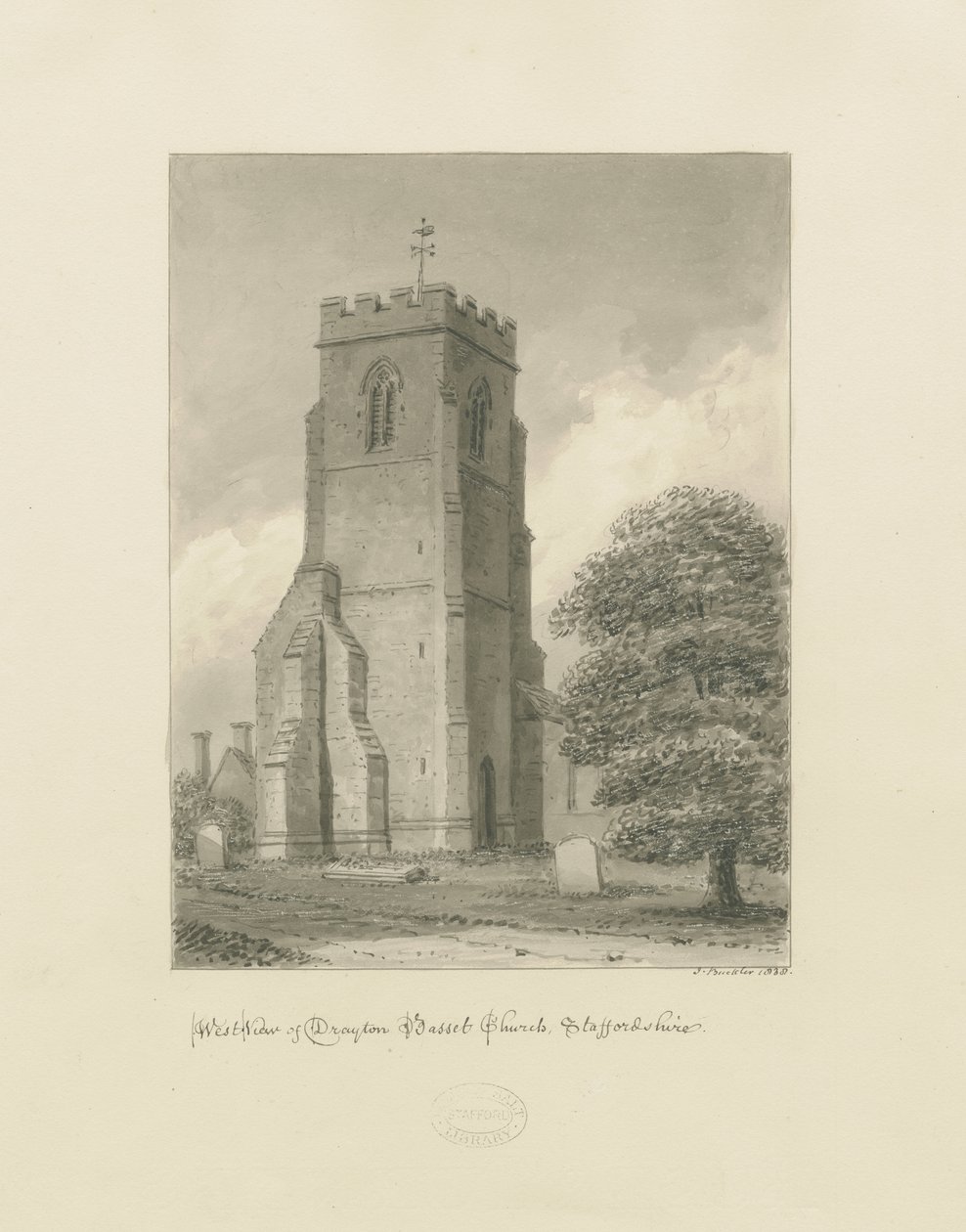 Drayton Bassett Church: sepia-tegning, 1838 av John Buckler