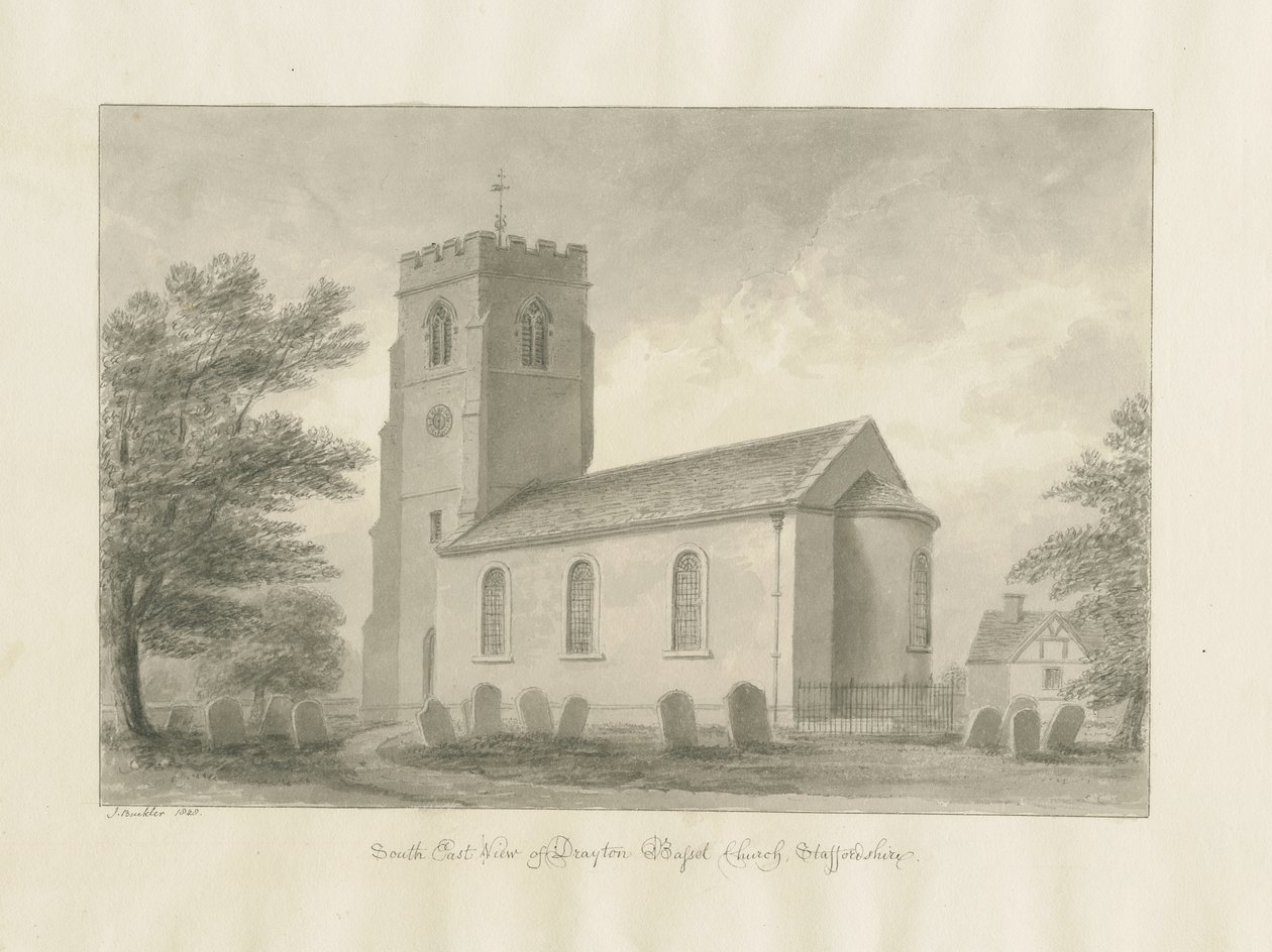 Drayton Bassett Church: sepia-tegning, 1848 av John Buckler