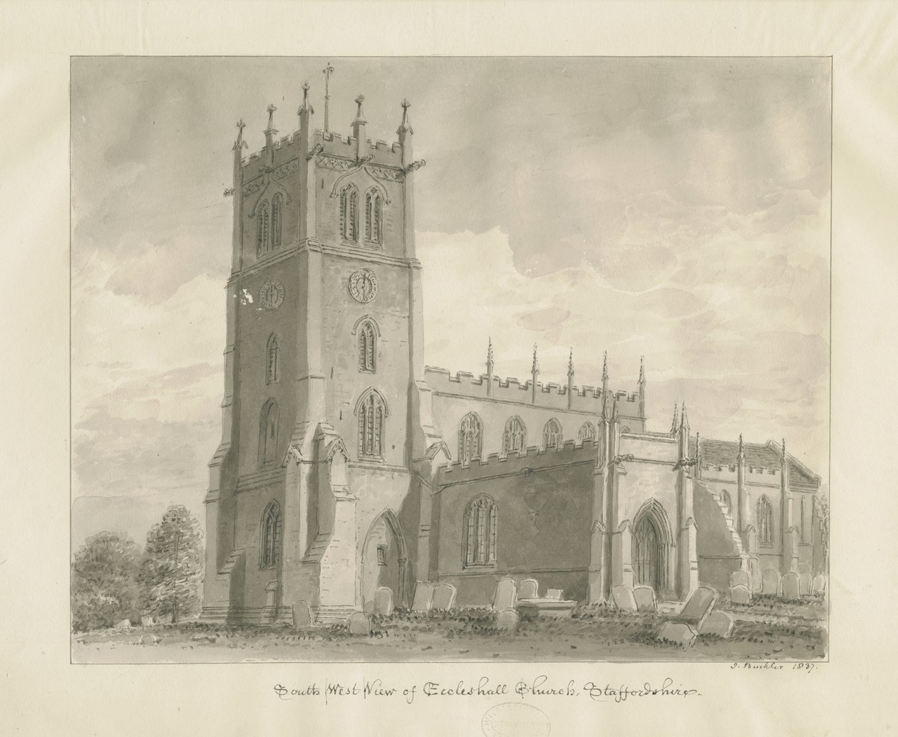 Eccleshall kirke: sepia-tegning av John Buckler