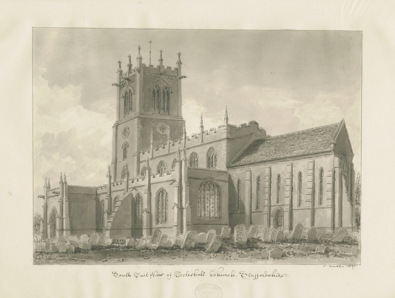 Eccleshall kirke: sepia-tegning av John Buckler