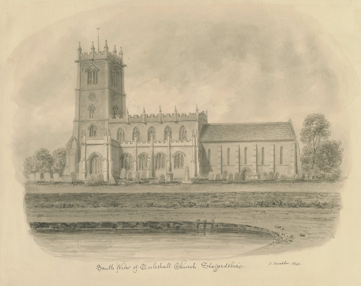 Eccleshall kirke: sepia-tegning av John Buckler