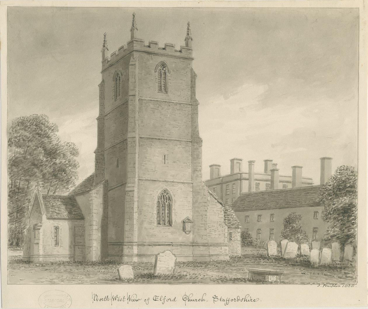 Elford Church: sepia-tegning, 1838 av John Buckler