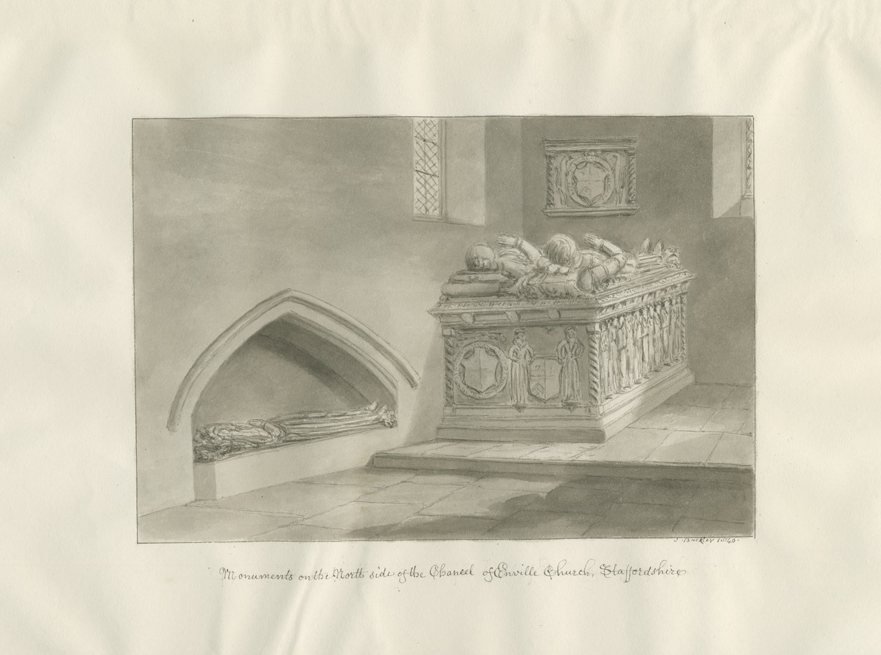 Enville kirke - Monument: sepia tegning av John Buckler