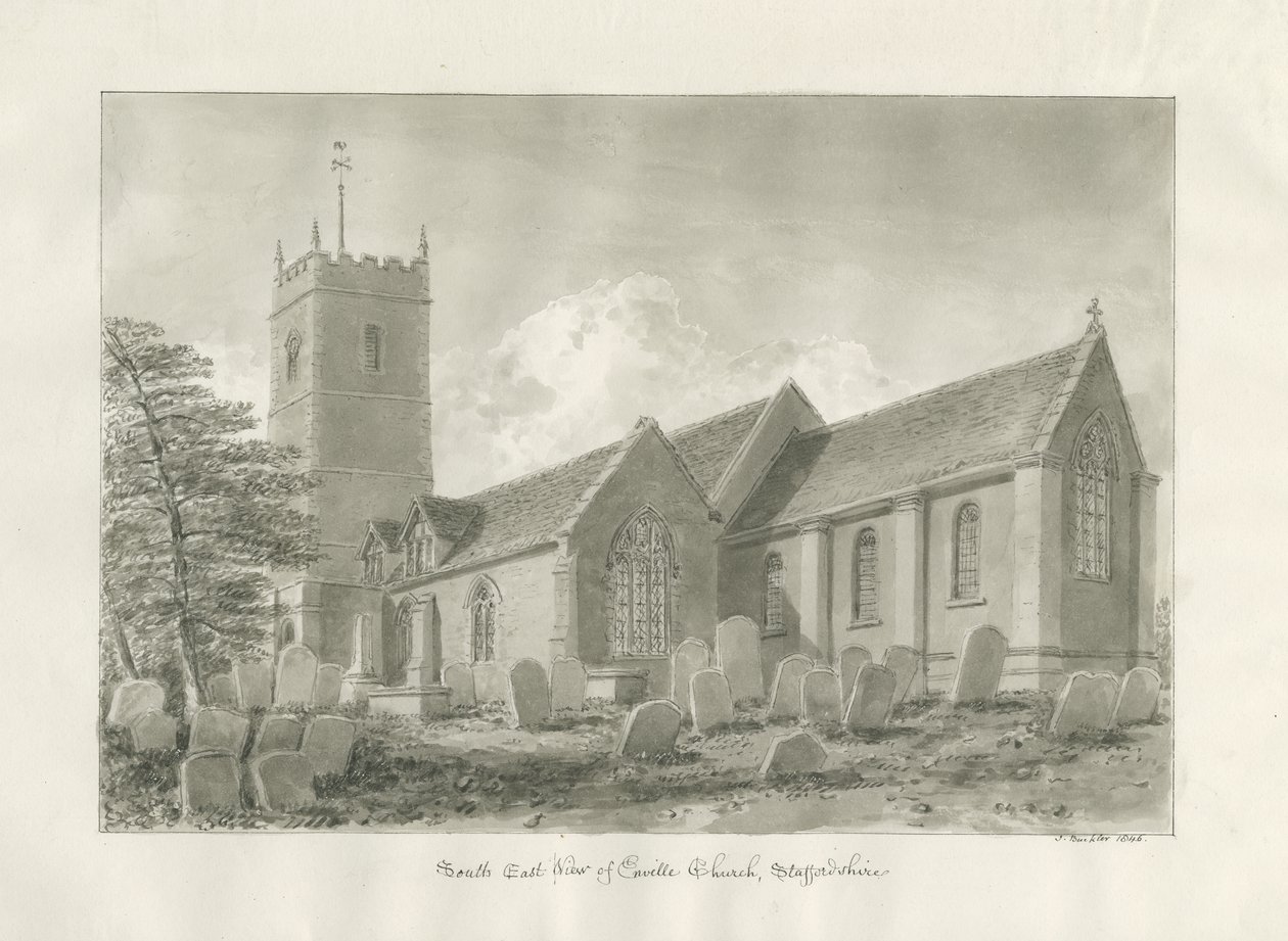 Enville kirke: sepia-tegning, 1846 av John Buckler