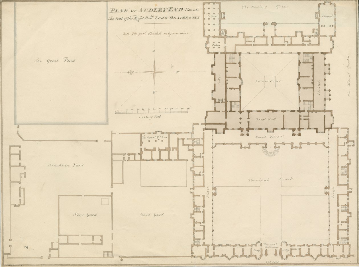 Essex - Audley End - Plan: sepia-tegning, 1815 av John Buckler