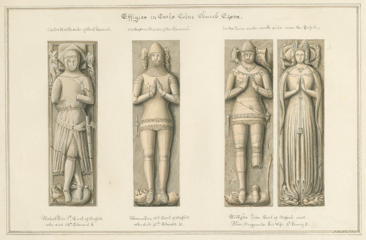 Essex - Earls Colne Church - Effigies: sepia-tegning, 1824 av John Buckler