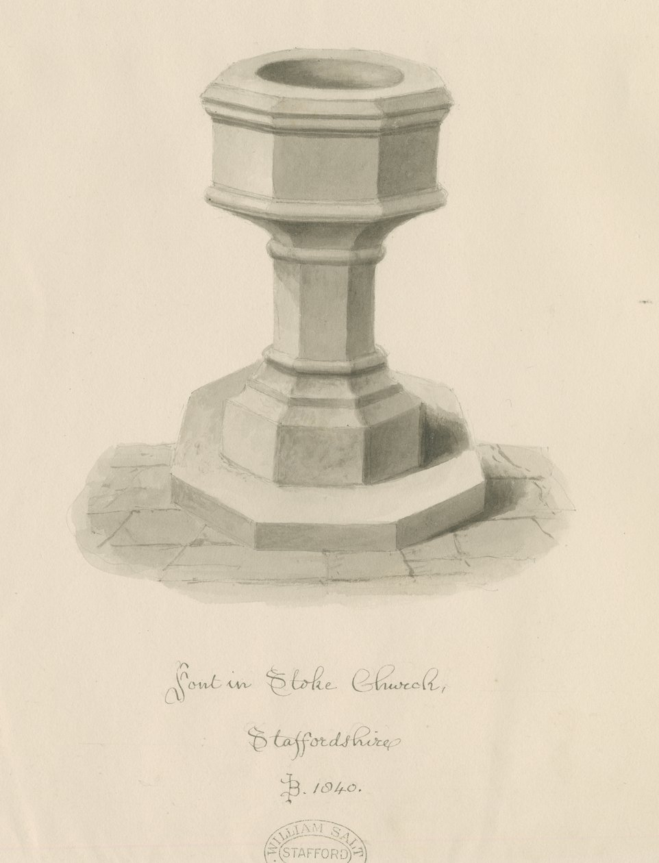 Font Stoke-upon-Trent Church: sepia-tegning av John Buckler