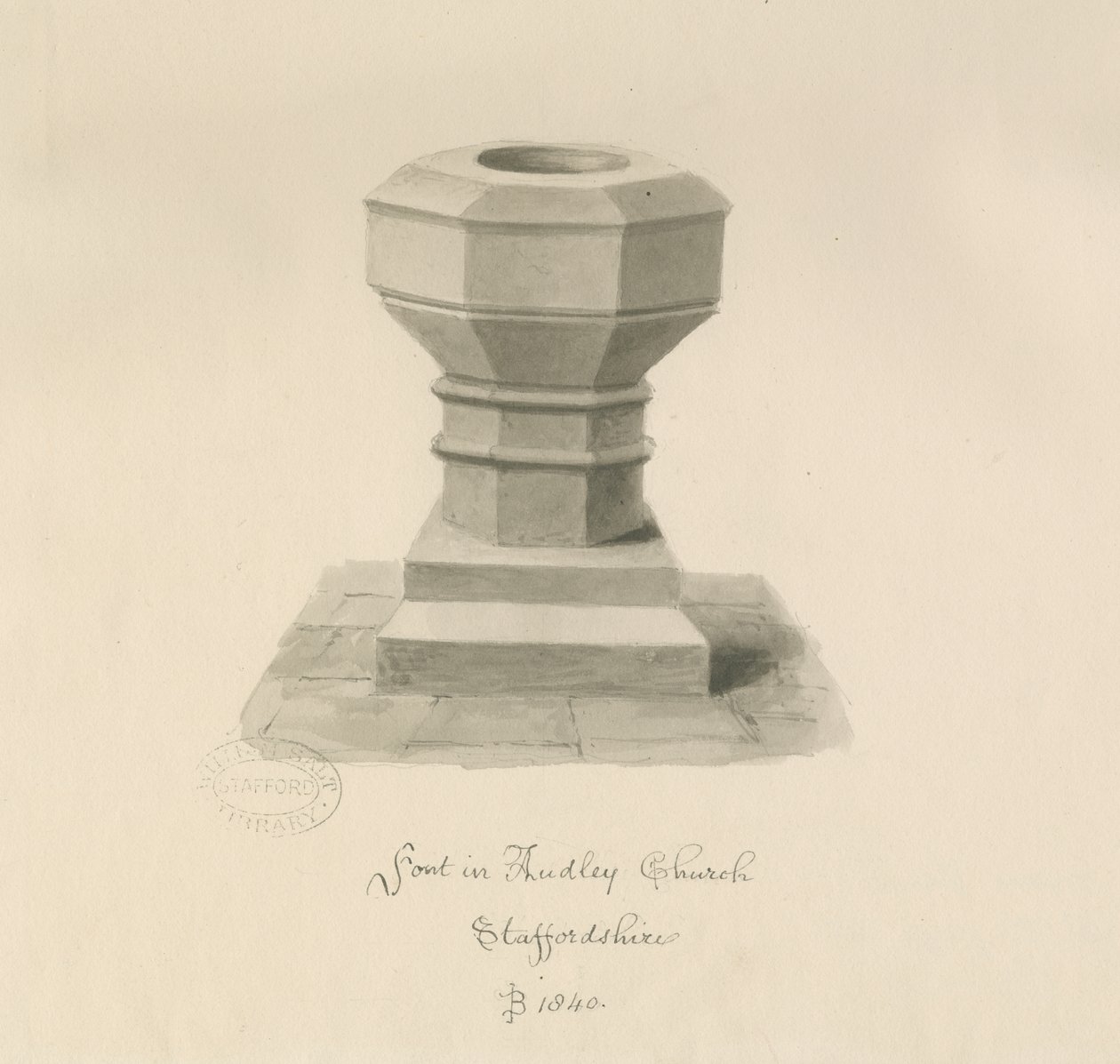 Font ved Audley Church: sepia-tegning, 1840 av John Buckler