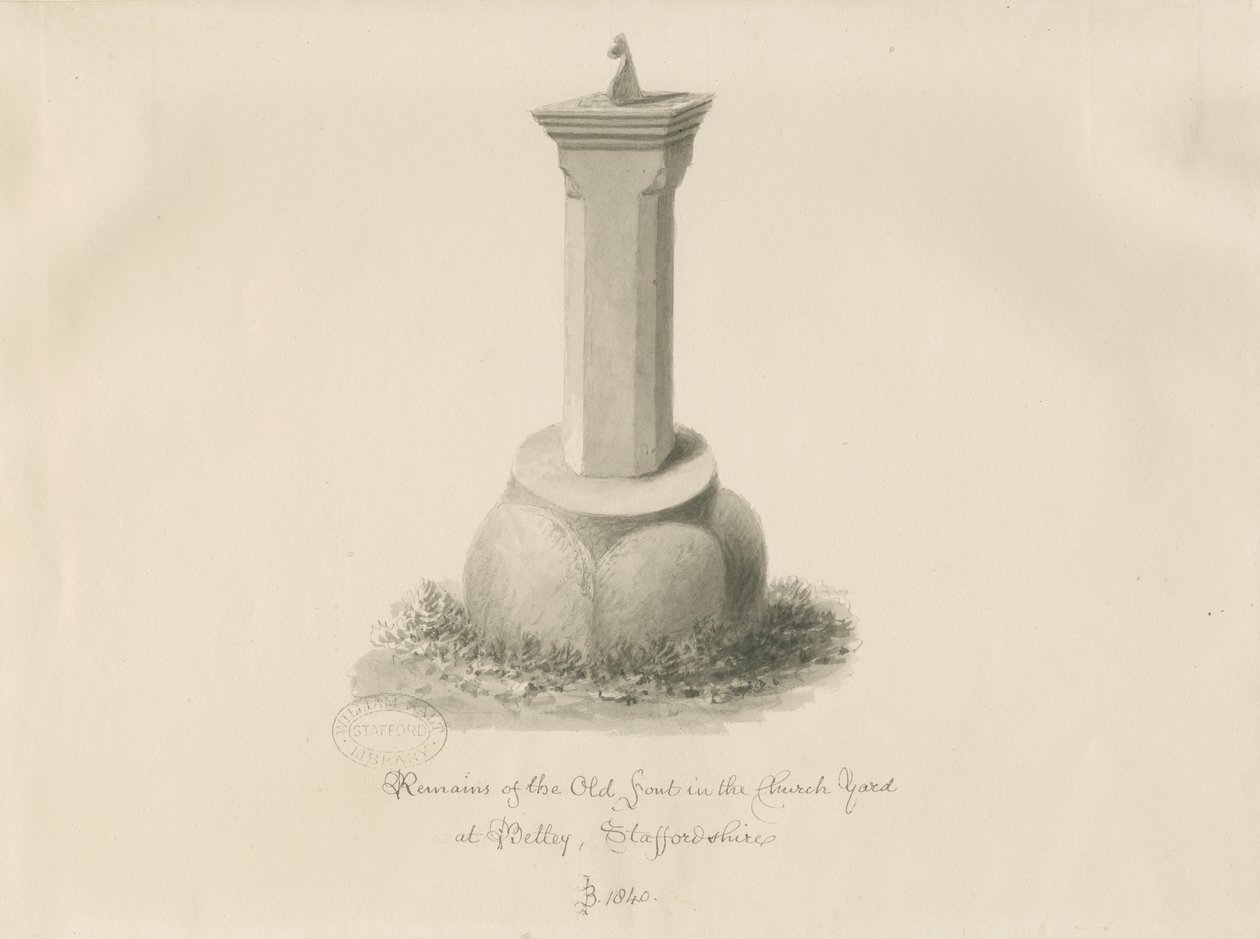 Font ved Betley Church: sepia-tegning av John Buckler