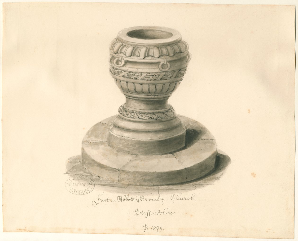 Font i Abbots Bromley Church: sepia-tegning av John Buckler