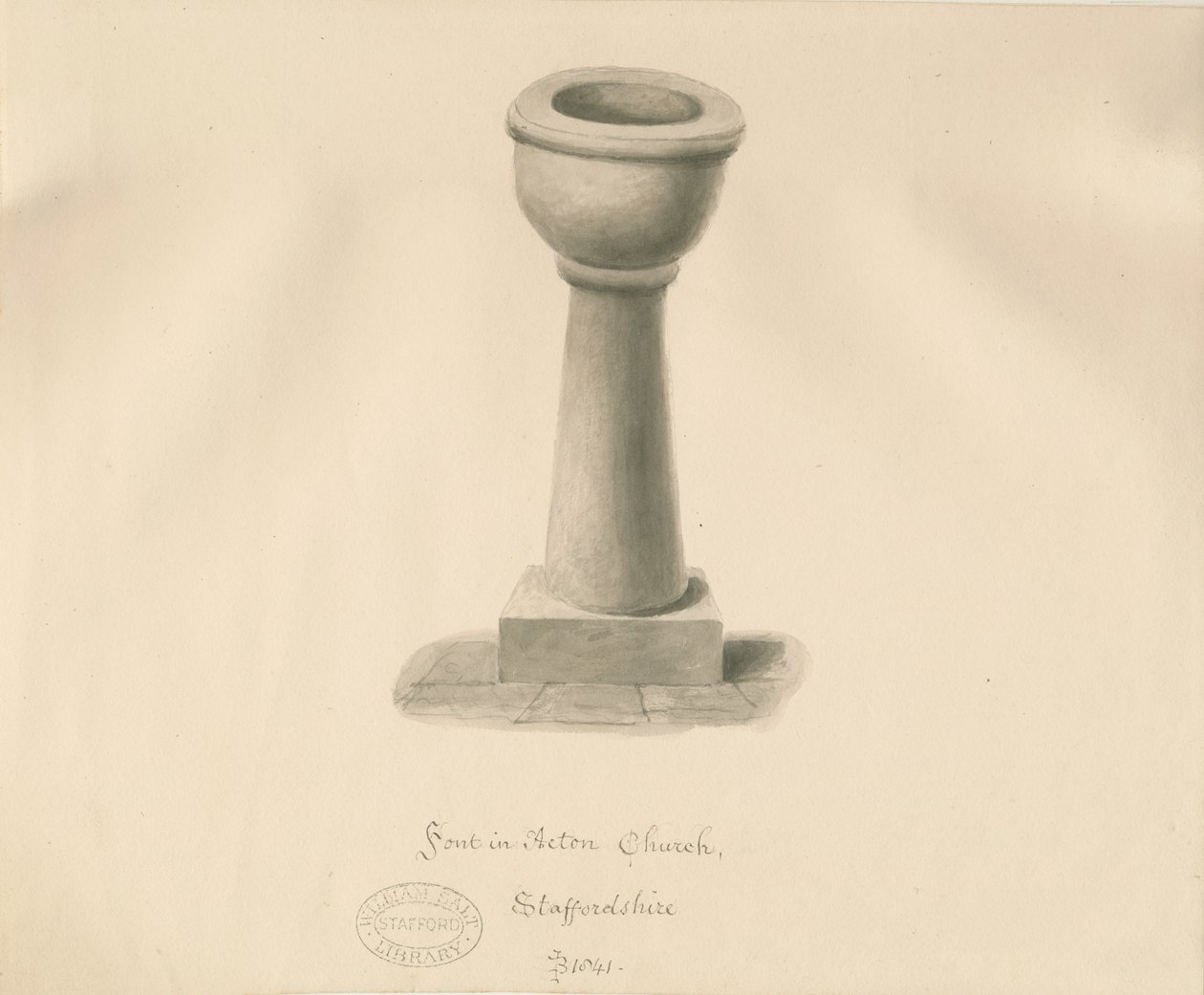 Font i Acton Trussell Church: sepia-tegning, 1841 av John Buckler