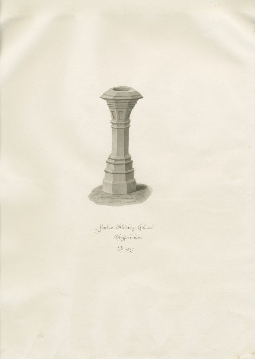 Font i Aldridge Church: sepia-tegning av John Buckler