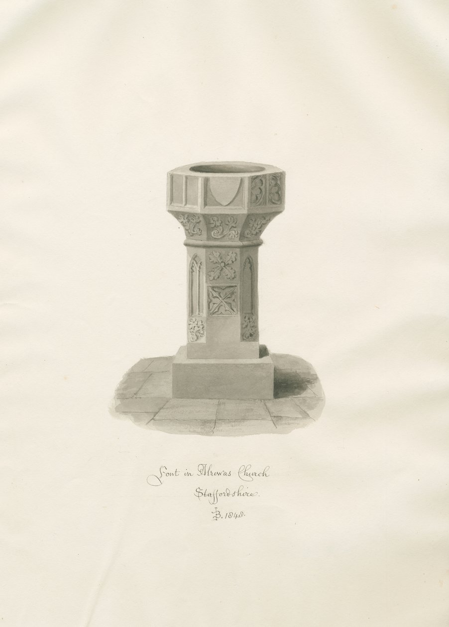 Font i Alrewas kirke: sepia-tegning av John Buckler