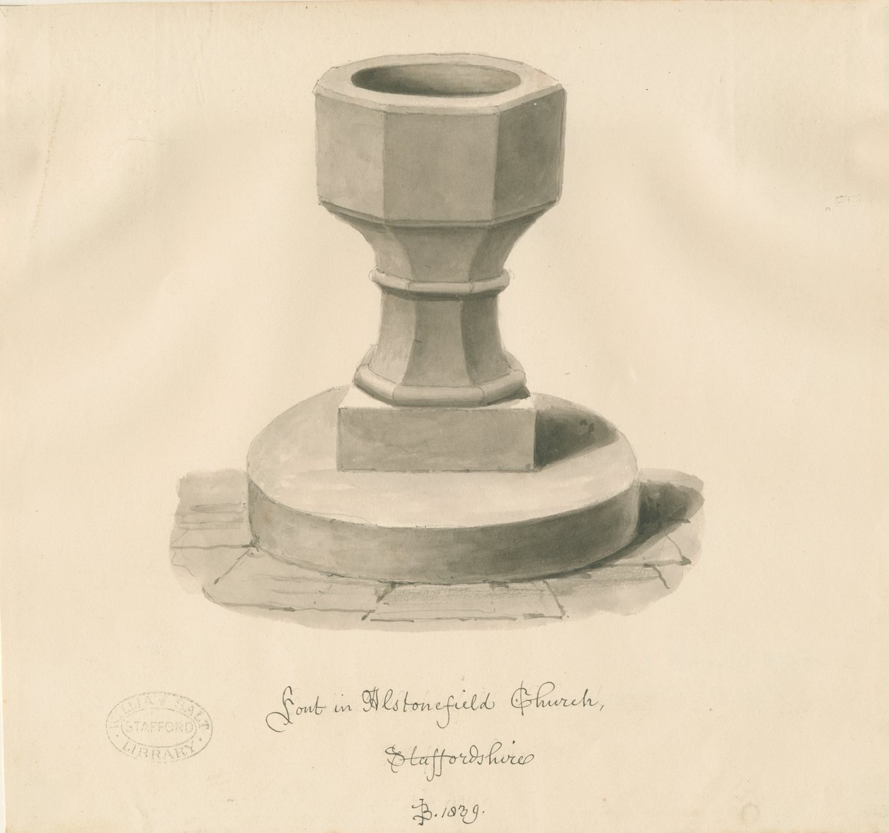 Font i Alstonfield Church: sepia-tegning av John Buckler