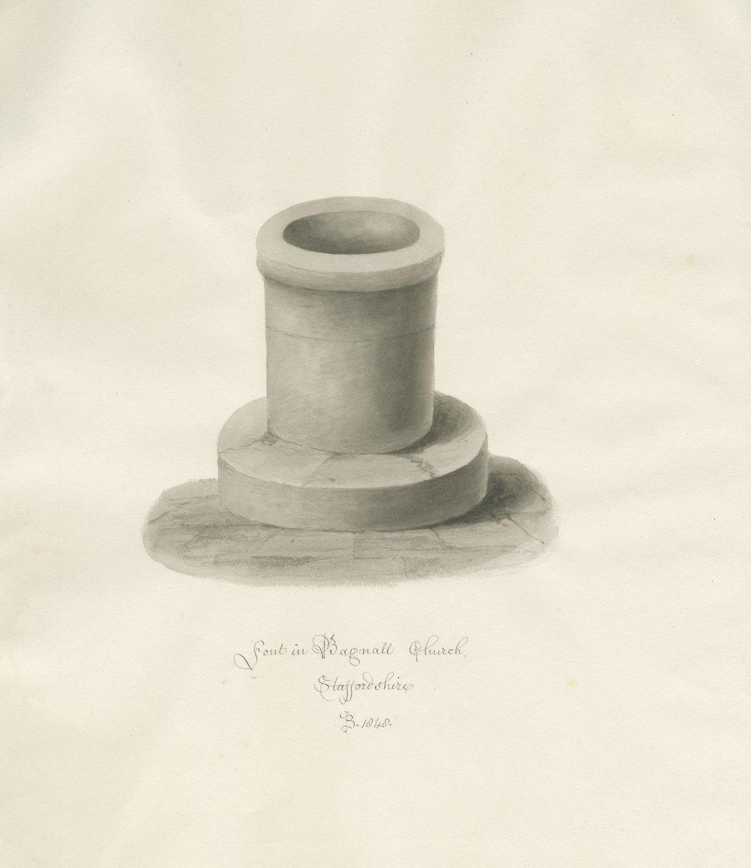 Font i Bagnall Church: sepia-tegning av John Buckler