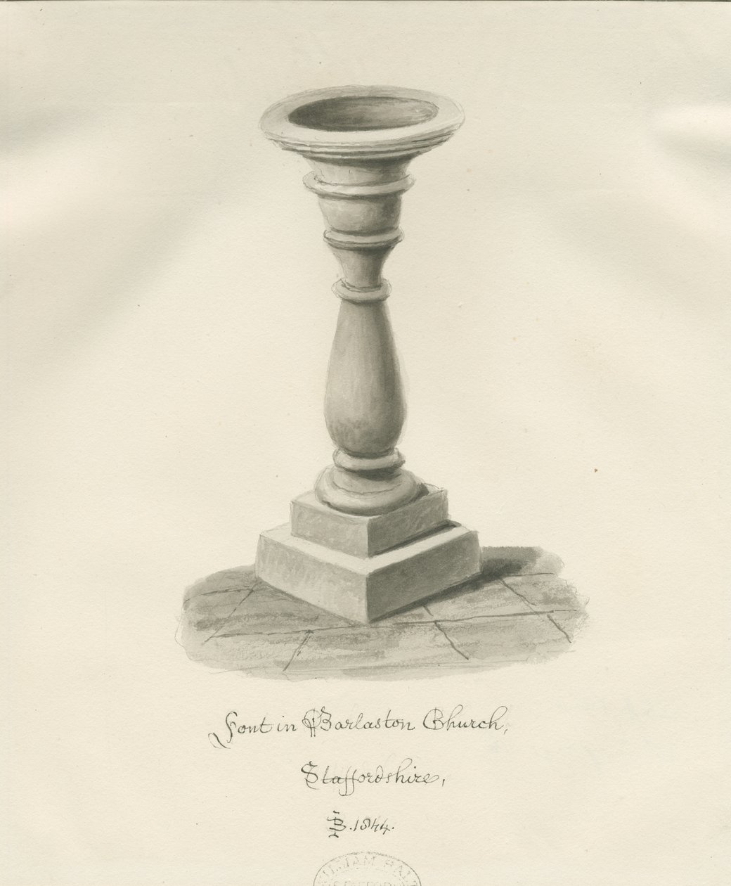 Font i Barlaston Church: sepia vasketegning, 1844 av John Buckler