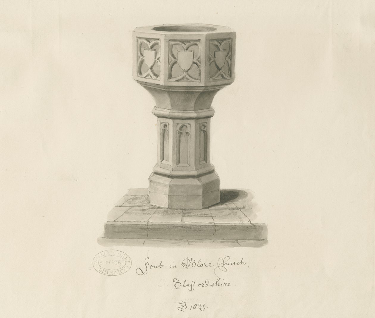 Font i Blore Church: sepia-tegning, 1839 av John Buckler