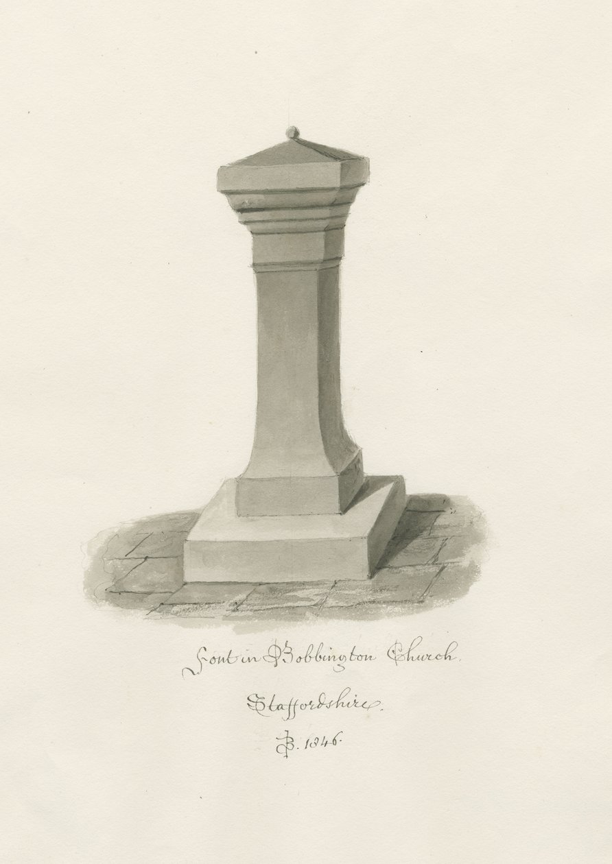 Font i Bobbington Church: sepia-tegning av John Buckler