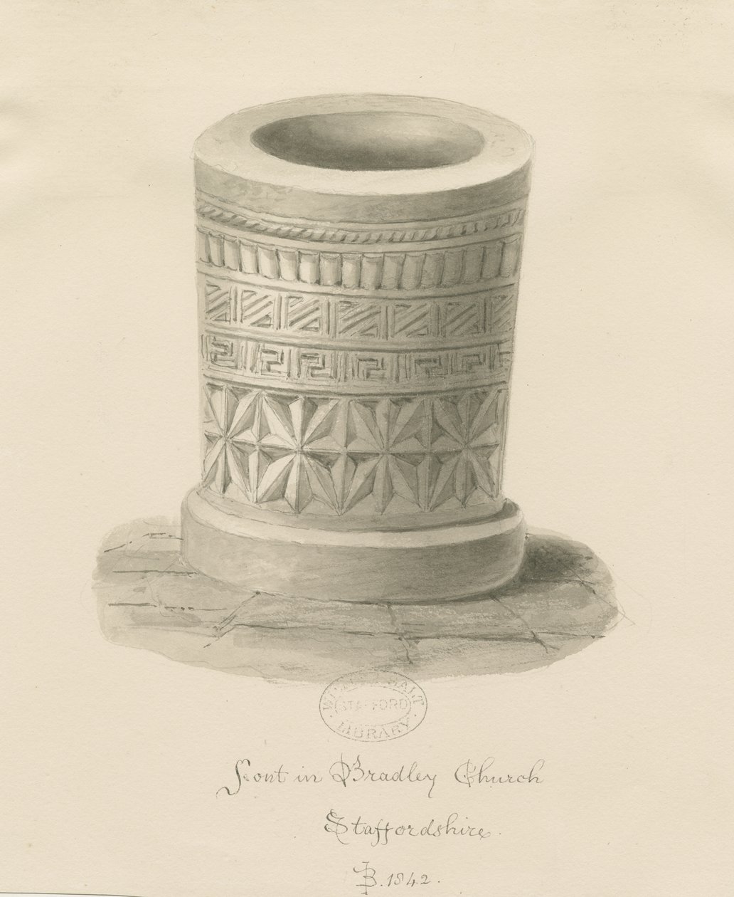 Font i Bradley Church: sepia-tegning, 1842 av John Buckler