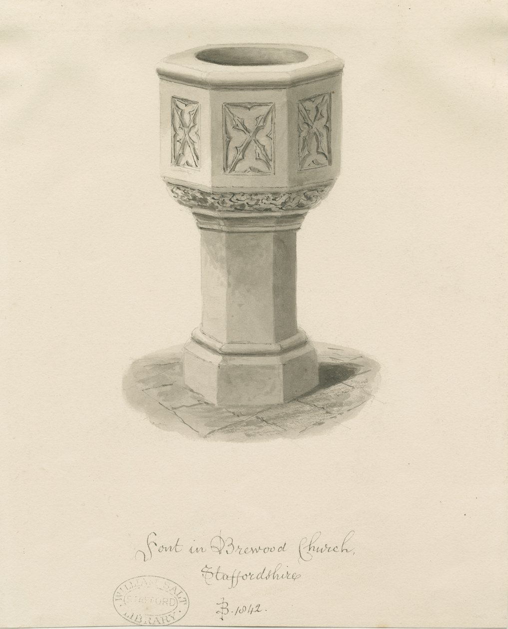 Font i Brewood Church: sepia-tegning av John Buckler