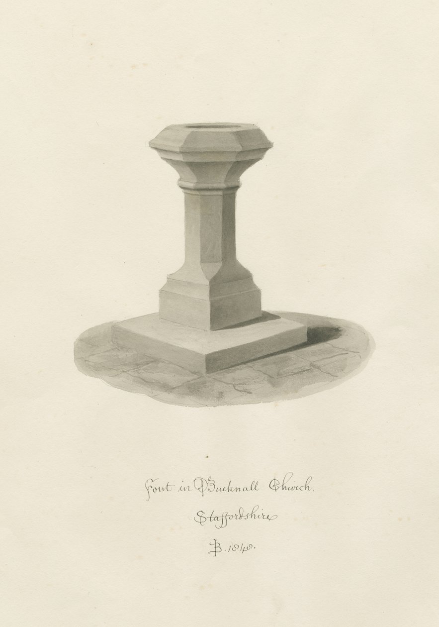 Font i Bucknall Church: sepia-tegning av John Buckler