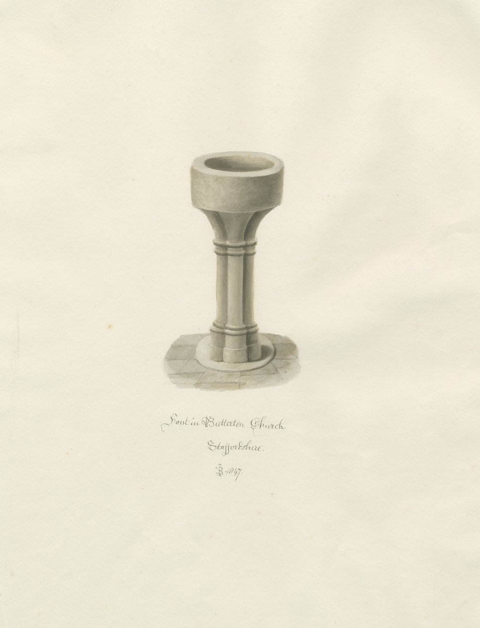 Font i Butterton Church: sepia-tegning av John Buckler