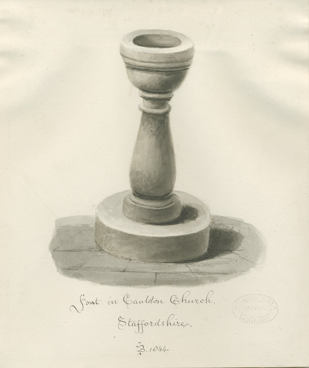 Font i Cauldon Church: sepia-tegning av John Buckler