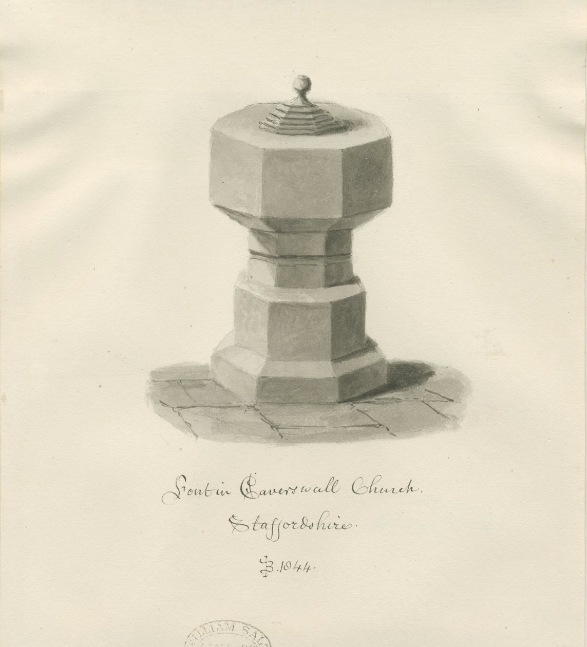 Font i Caverswall Church: sepia-tegning av John Buckler